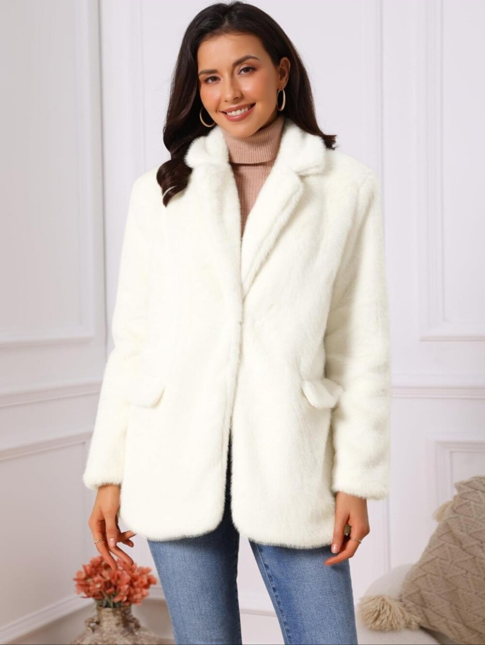Women's Cream Faux Fur Open Coat Fall Winter Jacket Fluffy Cozy Elegant, Size L